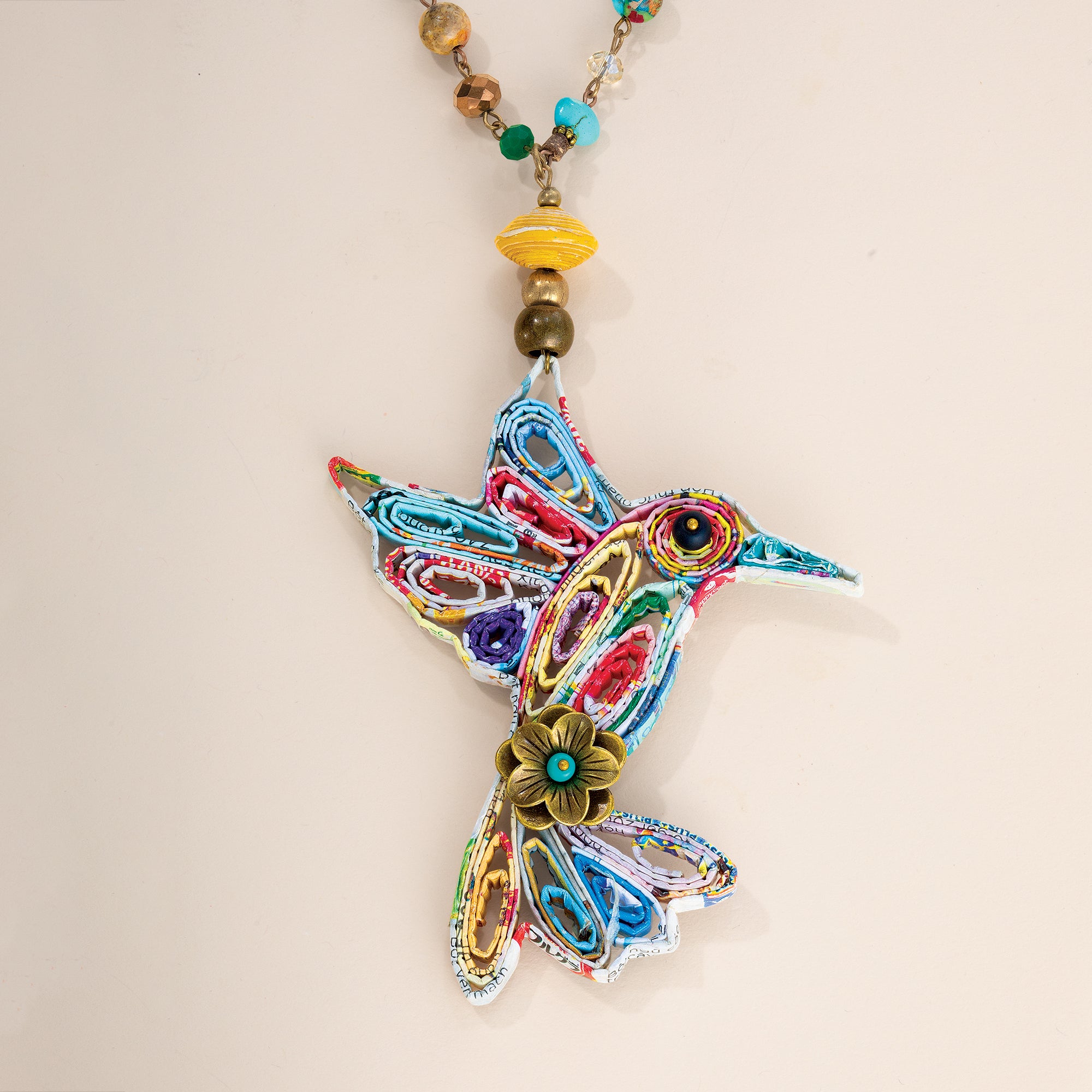 Recycled Paper Hummingbird Pendant Necklace