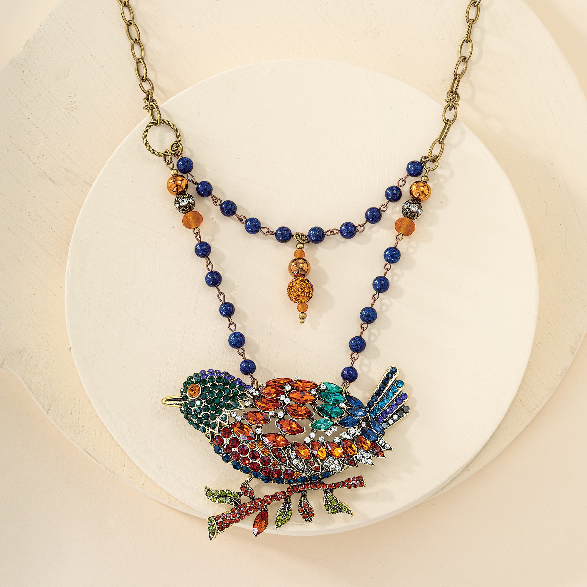 Rhinestone & Lapis Bird Necklace (Preorder)