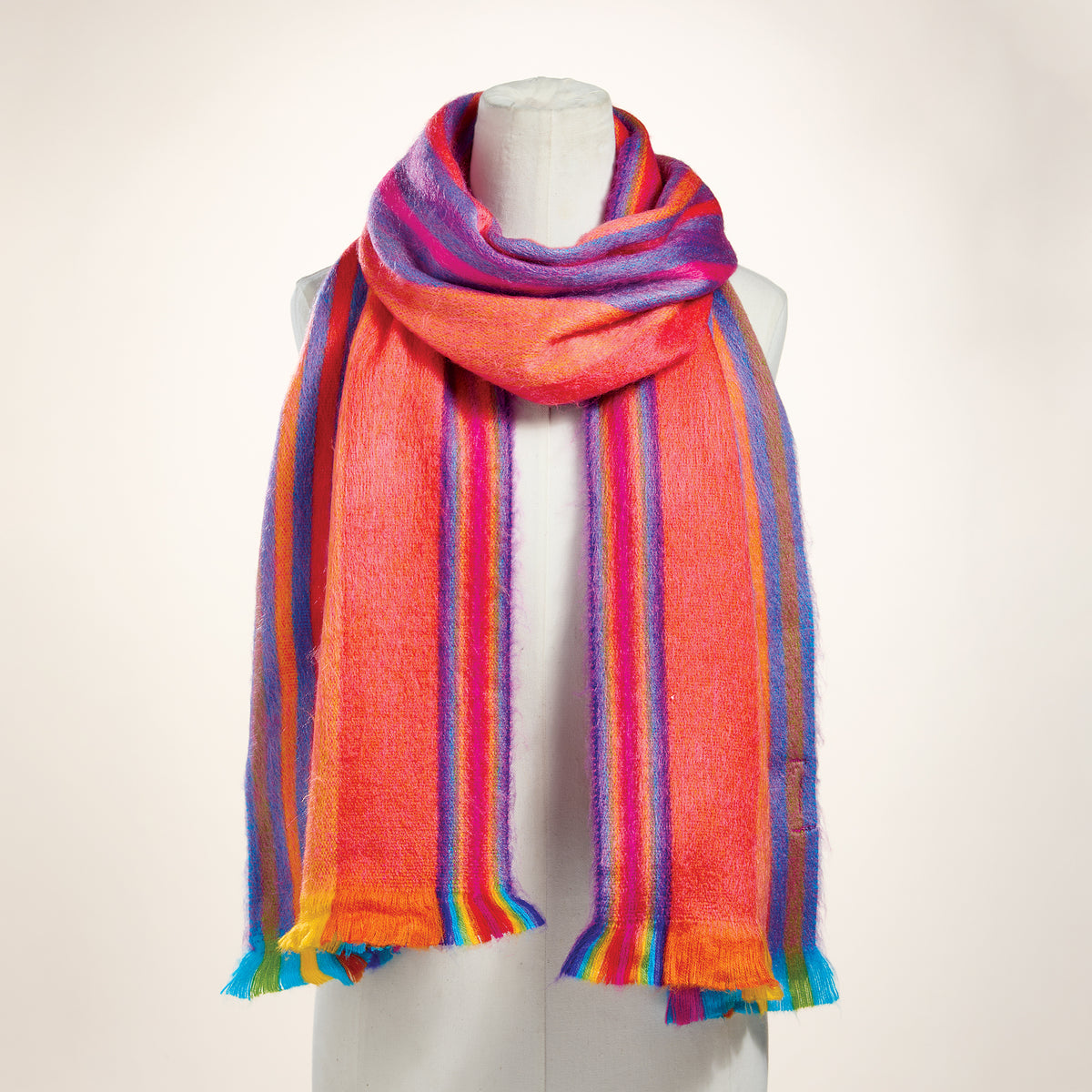 Bright Stripes Rainbow Fringed Alpaca Scarf (Preorder)