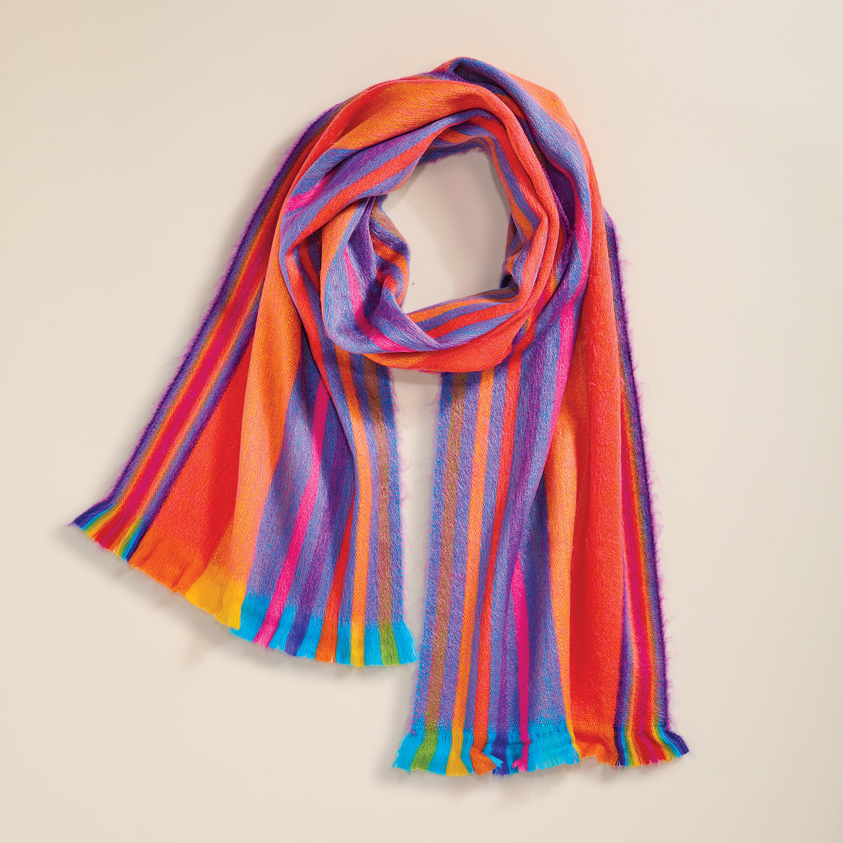 Bright Stripes Rainbow Fringed Alpaca Scarf (Preorder)
