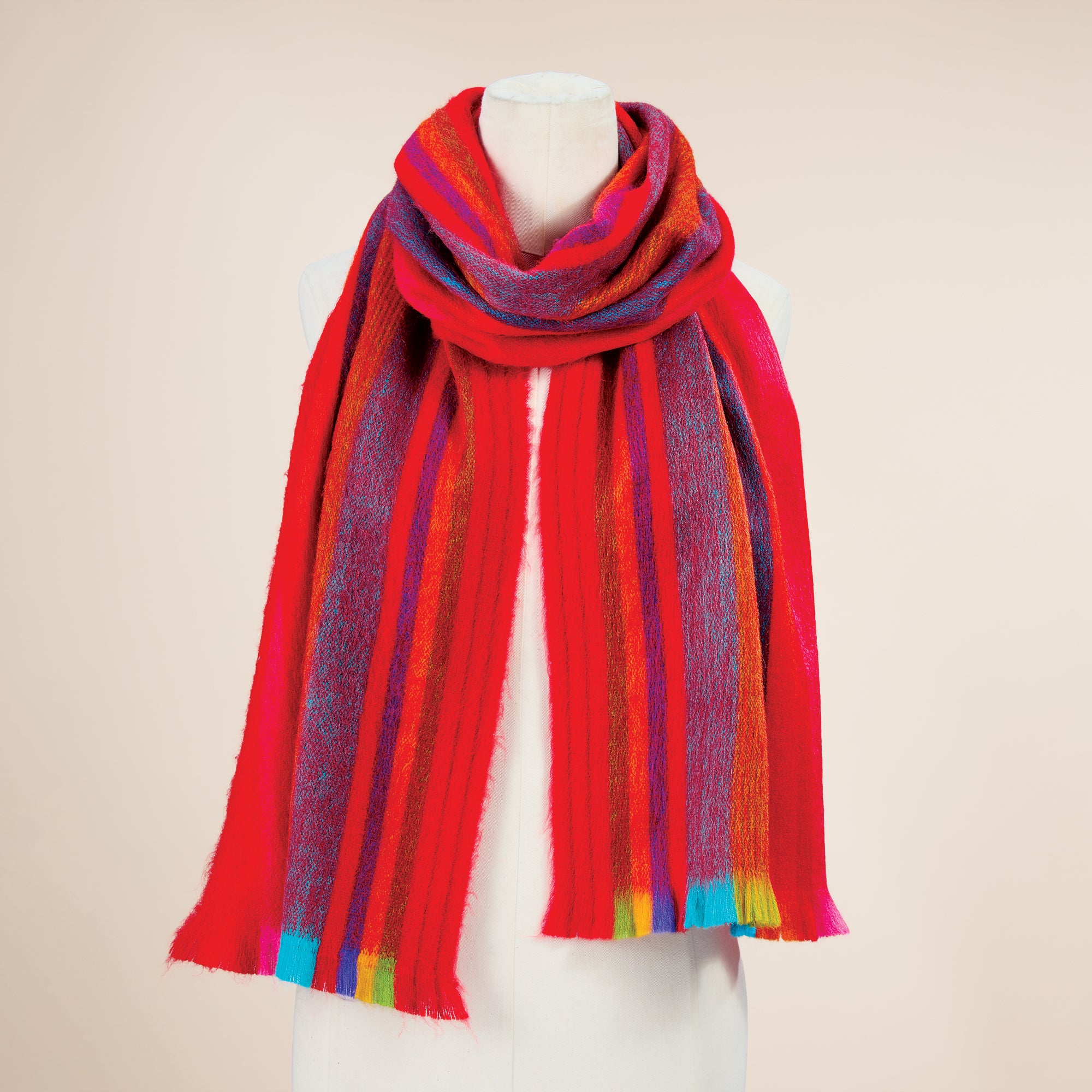 Red Rainbow Bordered Alpaca Scarf