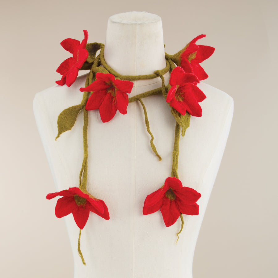 Red Blooms Floral Garland Wool Scarf