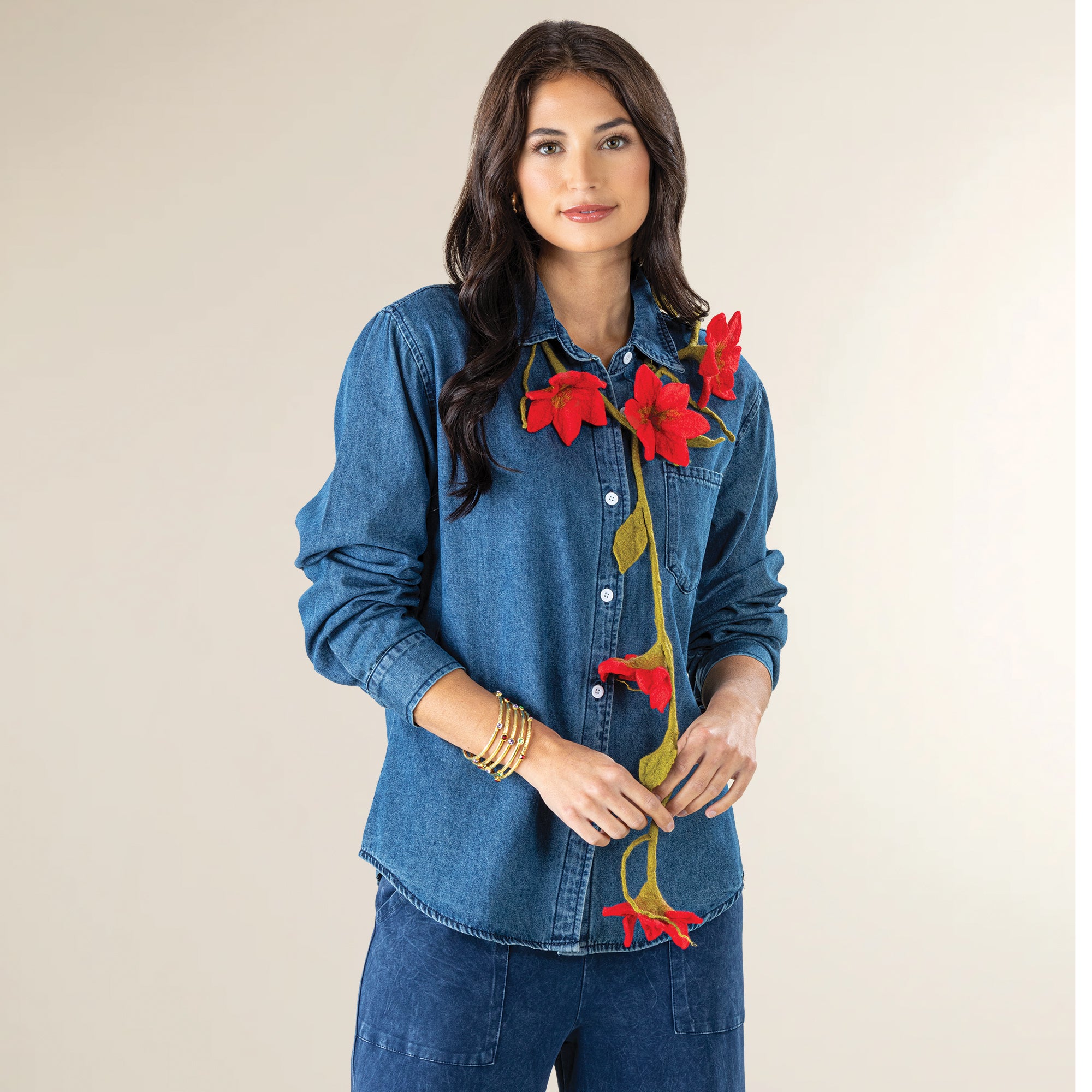 Red Blooms Floral Garland Wool Scarf