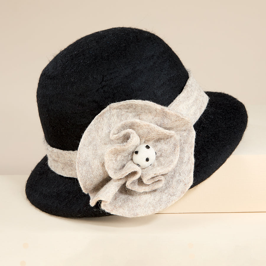 Kristen Black Wool Felt Floral Cloche (Preorder)