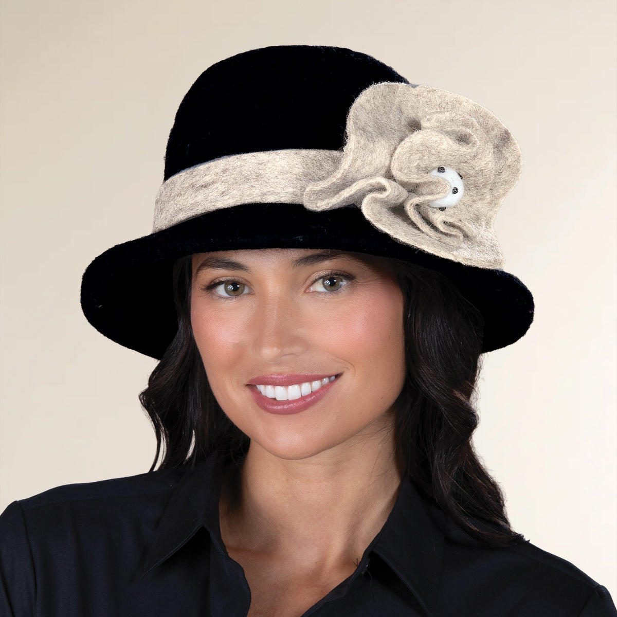 Kristen Black Wool Felt Floral Cloche (Preorder)