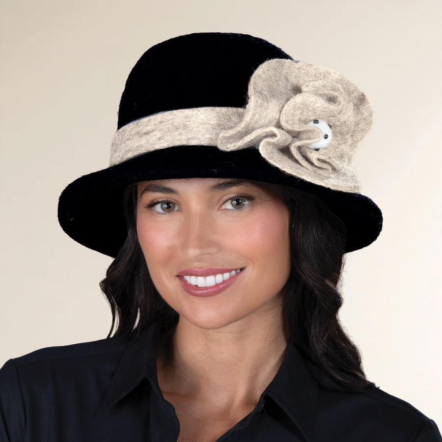 Kristen Black Wool Felt Floral Cloche (Preorder)