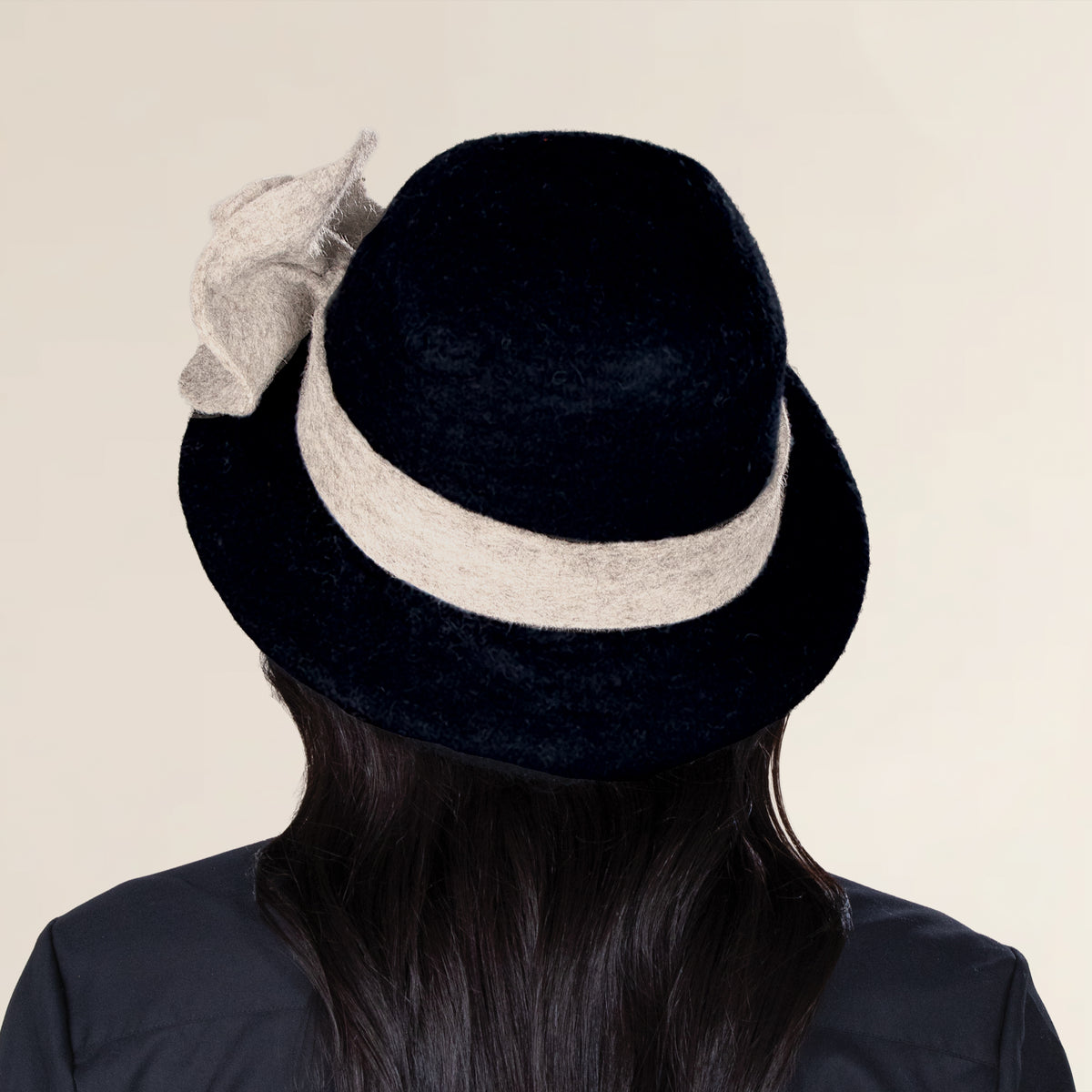 Kristen Black Wool Felt Floral Cloche (Preorder)