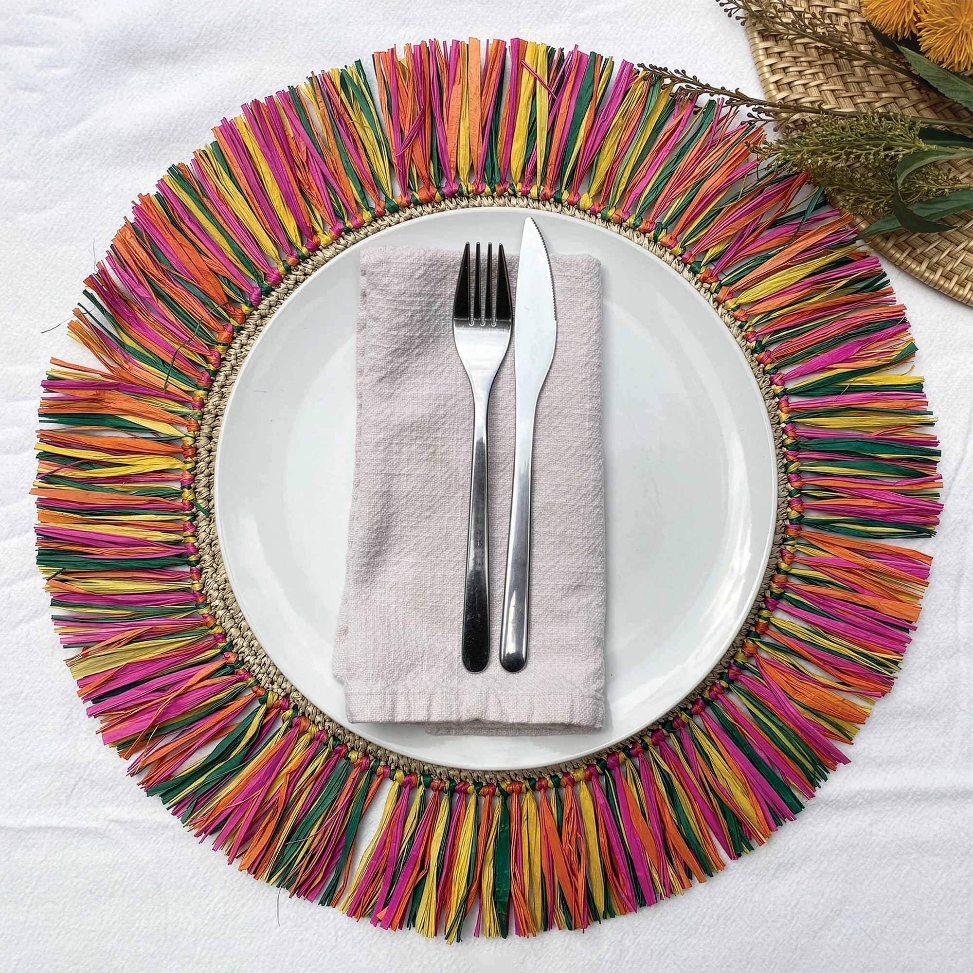 Pahiyas Woven Raffia Fringe Placemats Multi Rainbow, Set of 2