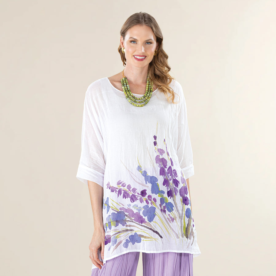 Hand-Painted Floral Sheer Cotton Tunic