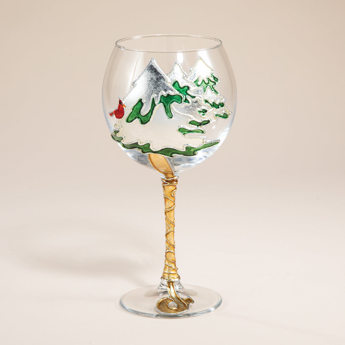 Hand-Gilded Cardinal in the Pines Wine Glass
