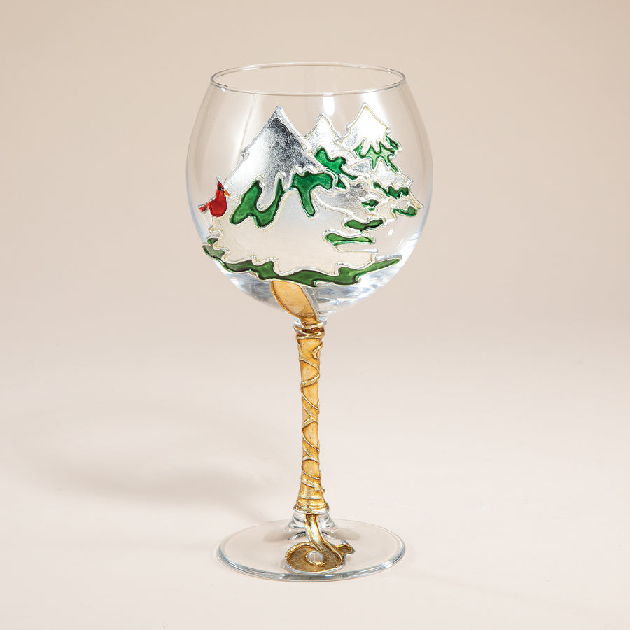 Hand-Gilded Cardinal in the Pines Wine Glass