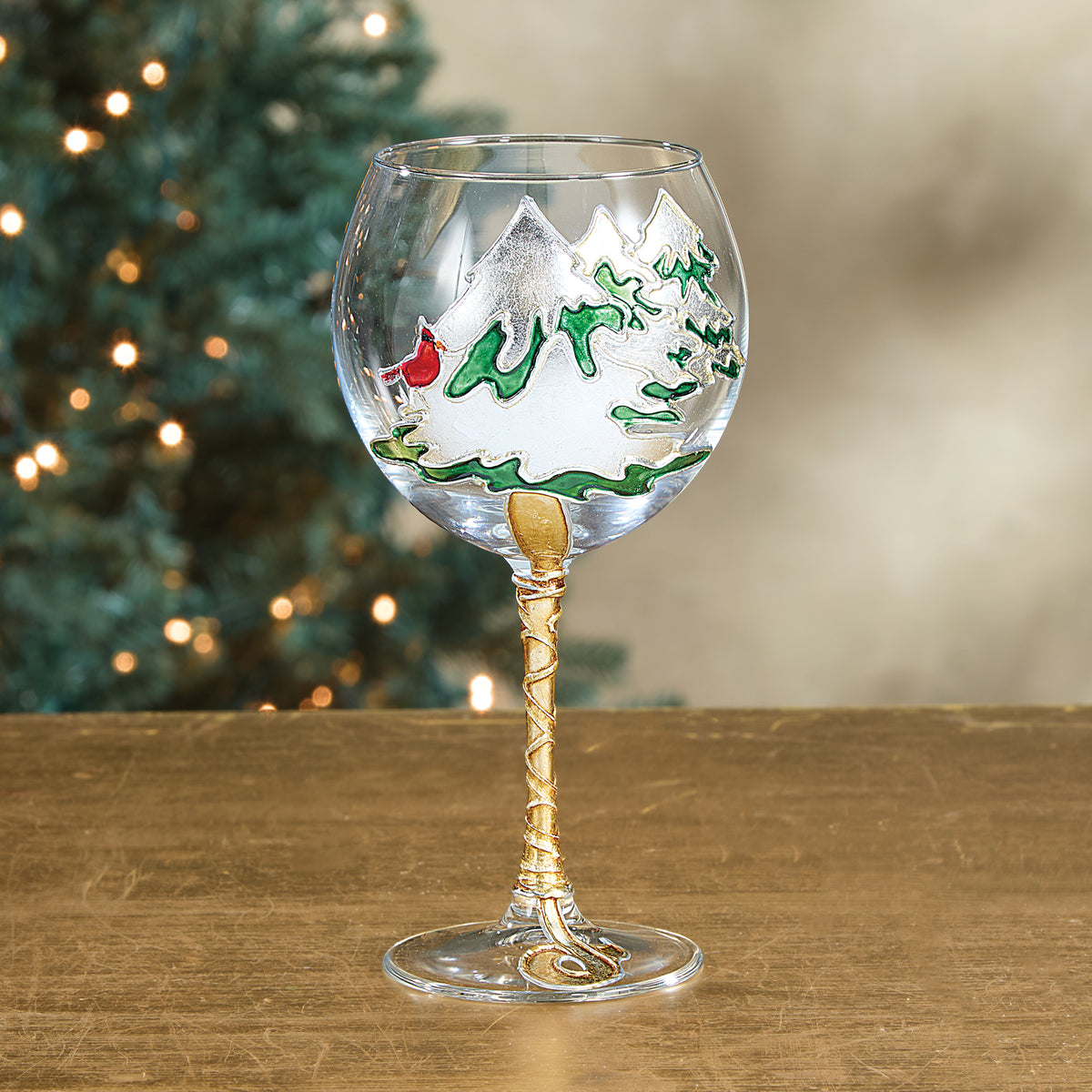 Hand-Gilded Cardinal in the Pines Wine Glass