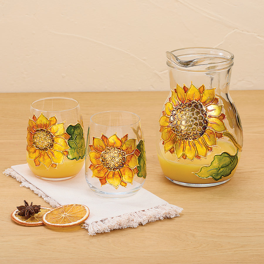 Hand-Gilded Sunflower Stemless Glass (Preorder)