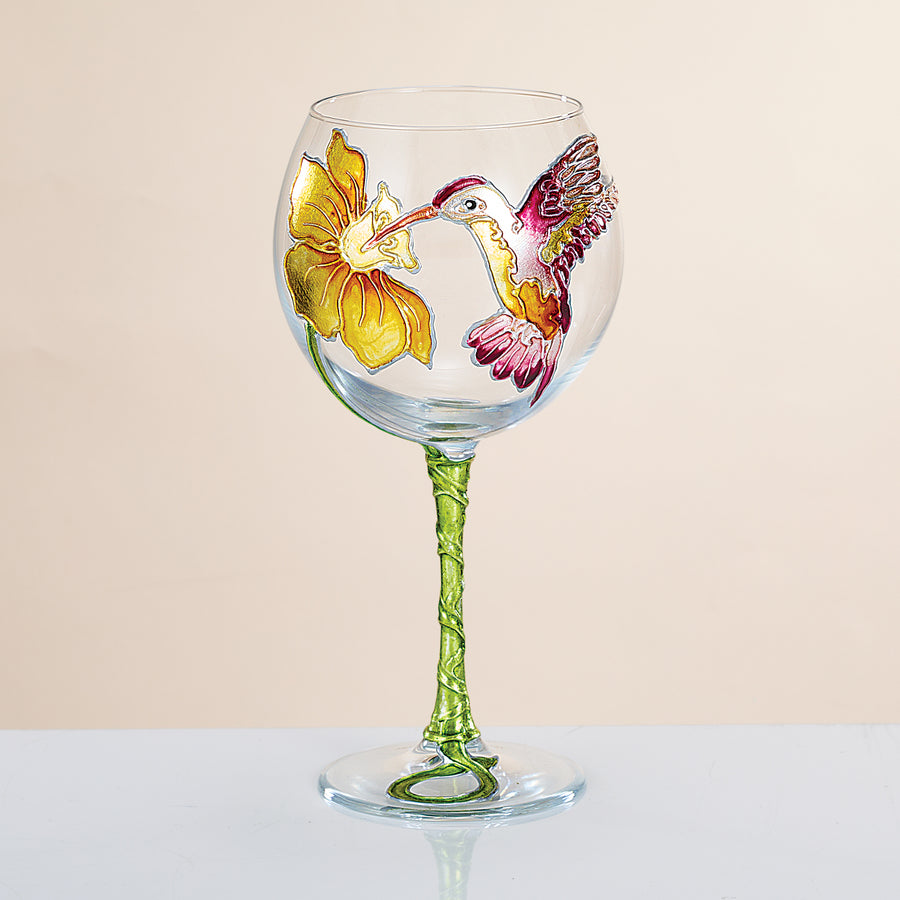Hand-Gilded Hummingbird & Daffodil Wine Glass