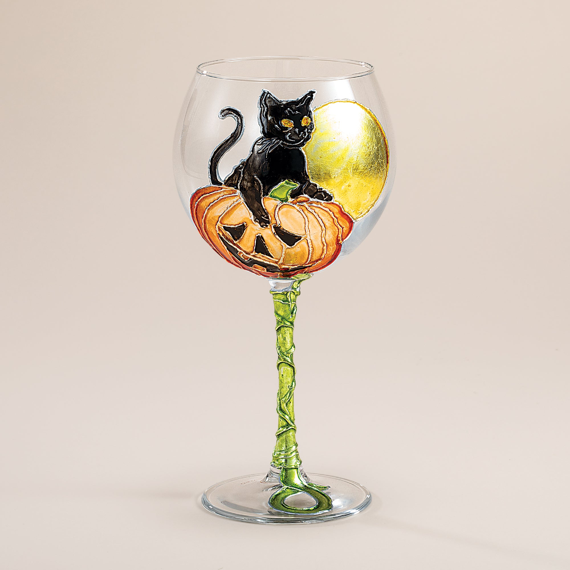 Hand-Gilded Diva Cat on Pumpkin Wine Glass (Preorder)