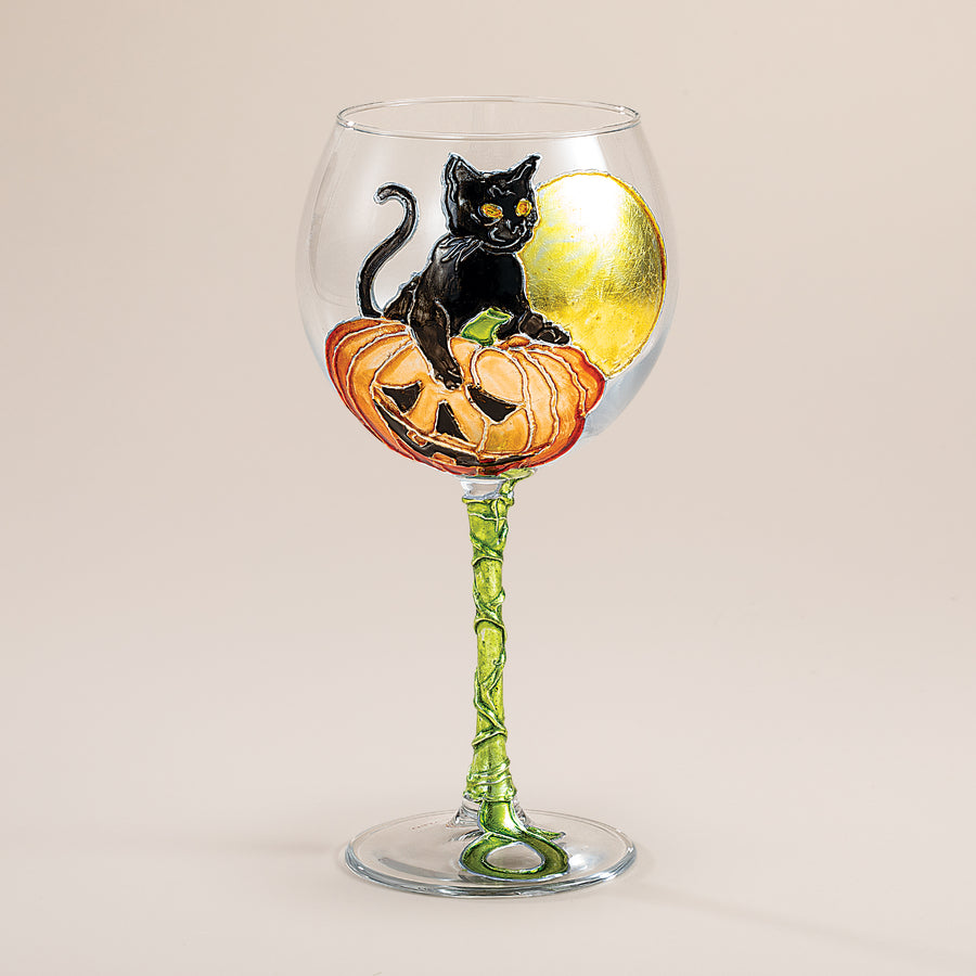 Hand-Gilded Diva Cat on Pumpkin Wine Glass (Preorder)