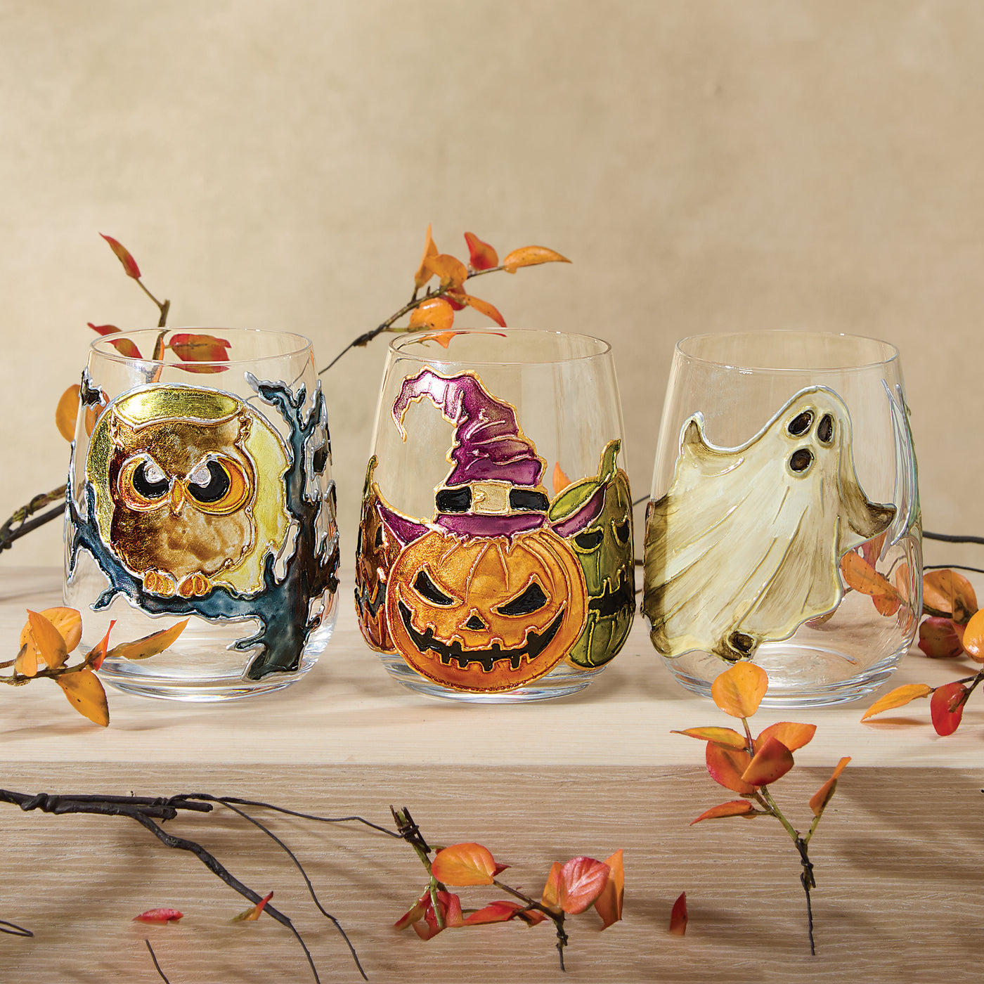 Hand-Gilded Witchy Pumpkin Trio Stemless Glass (Preorder)