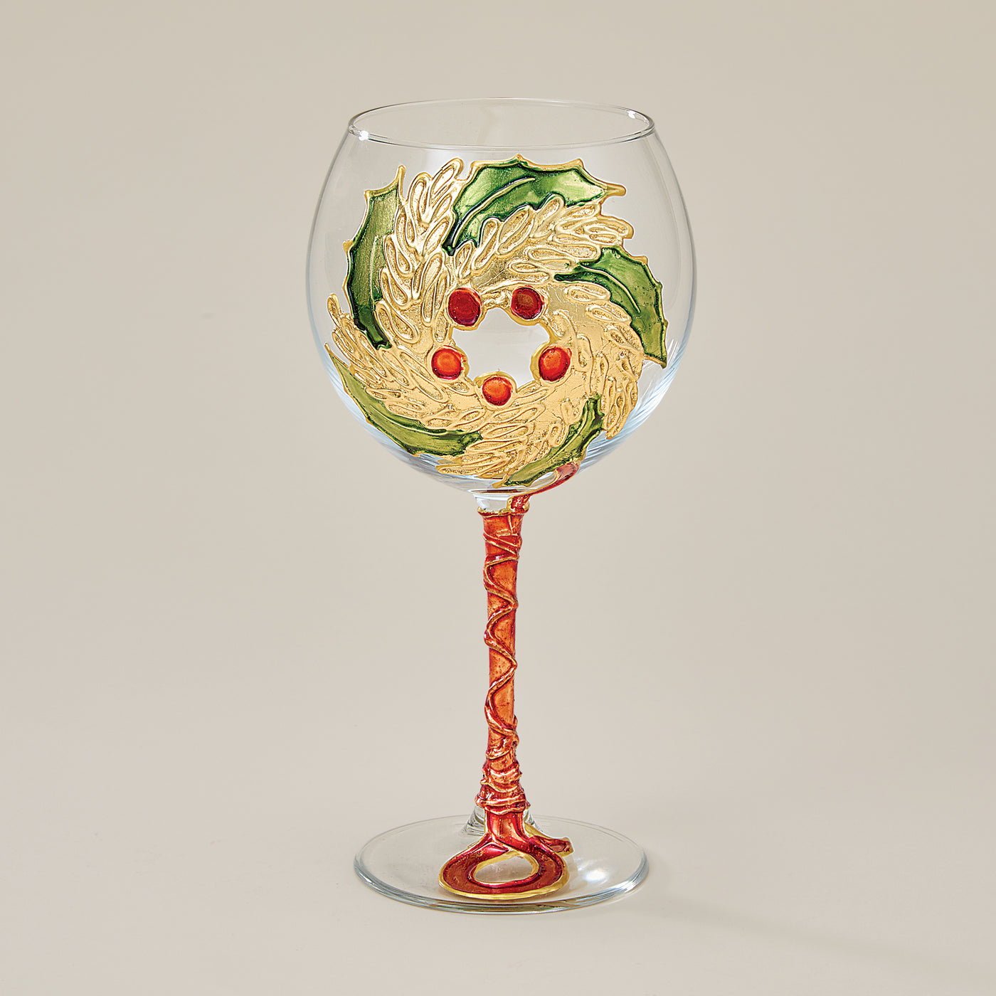 Hand-Gilded Holly Wreath Wine Glass