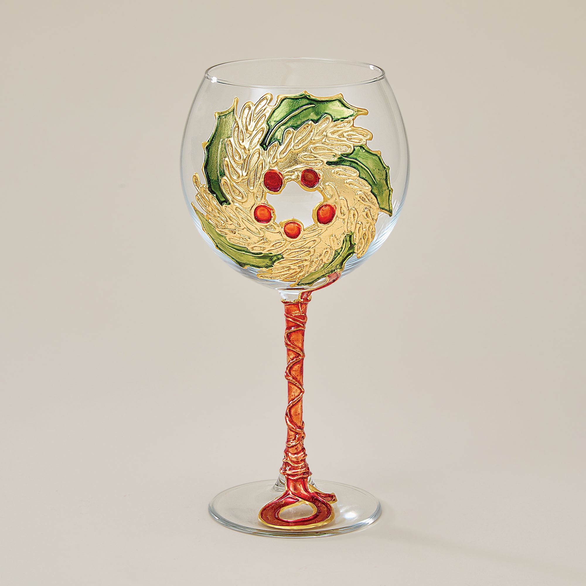 Hand-Gilded Holly Wreath Wine Glass