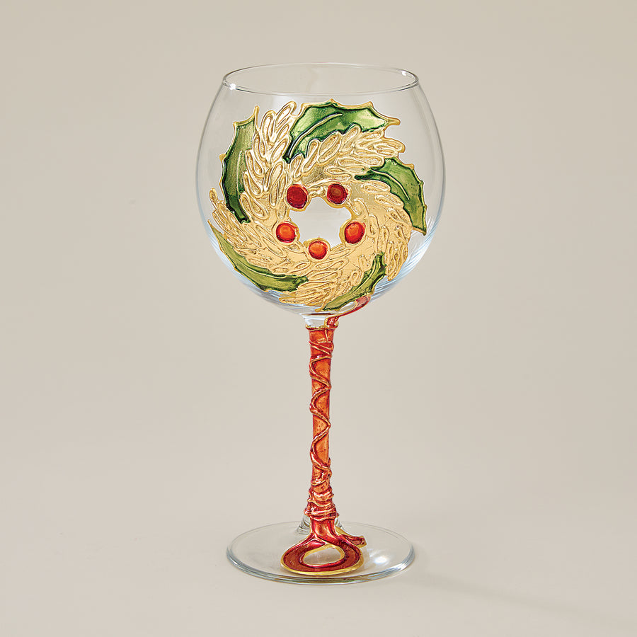Hand-Gilded Holly Wreath Wine Glass