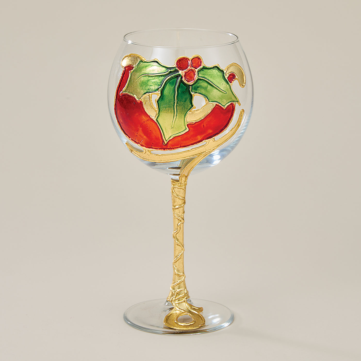 Hand-Gilded Holly & Sleigh Wine Glass