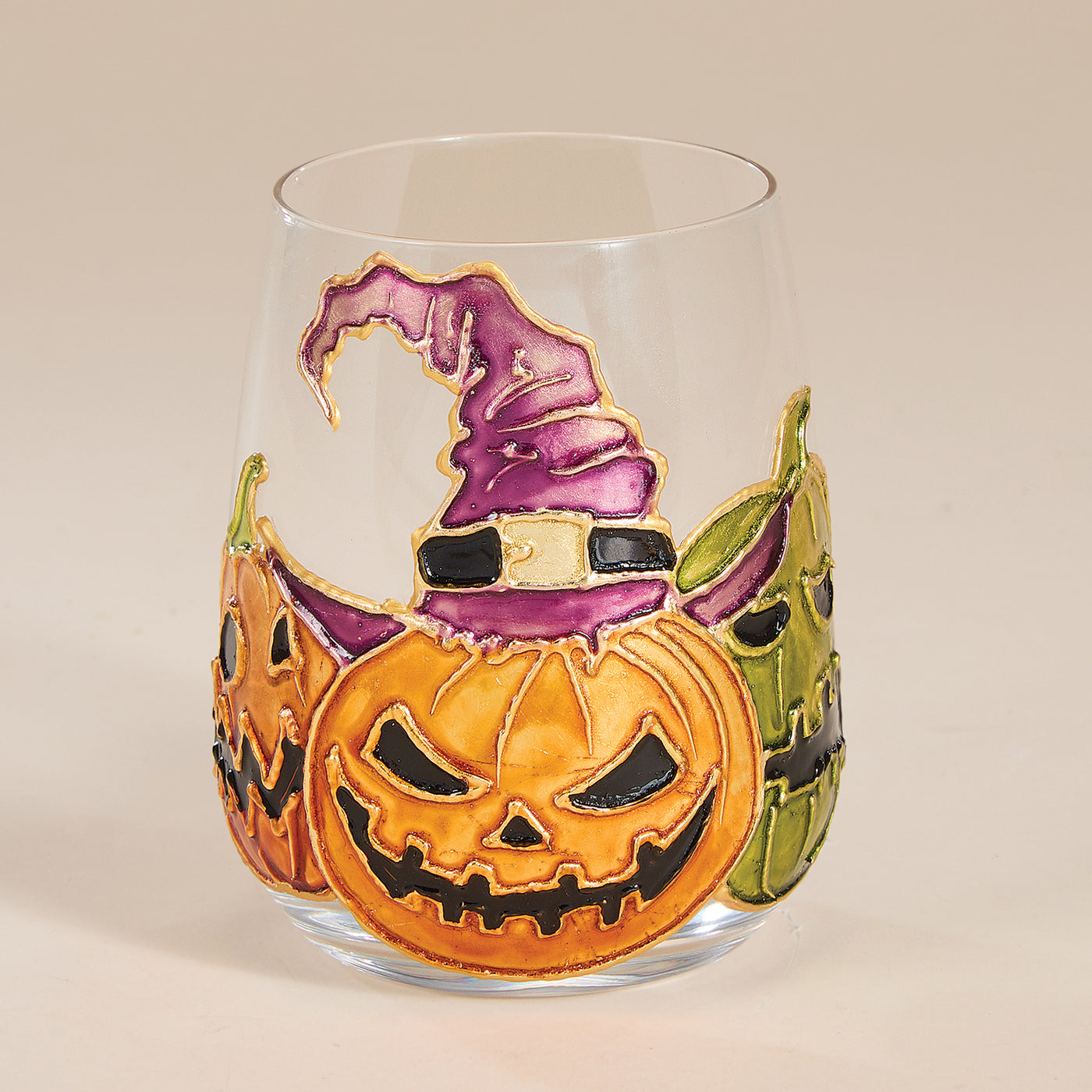 Hand-Gilded Witchy Pumpkin Trio Stemless Glass (Preorder)