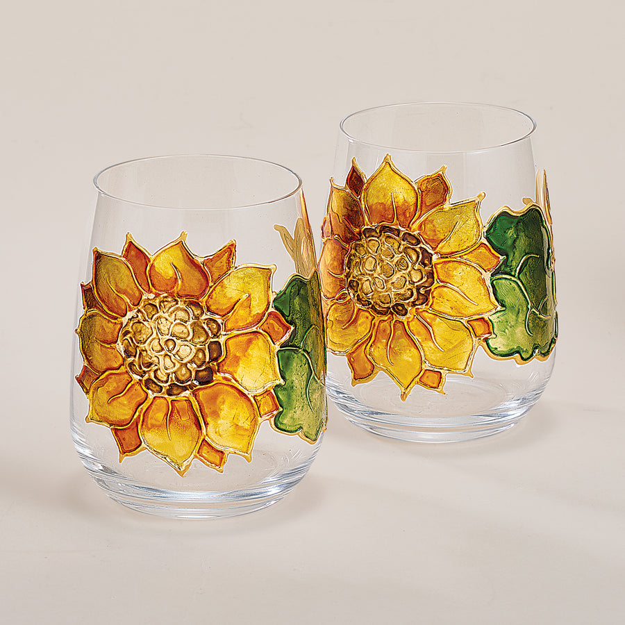 Hand-Gilded Sunflower Stemless Glass (Preorder)