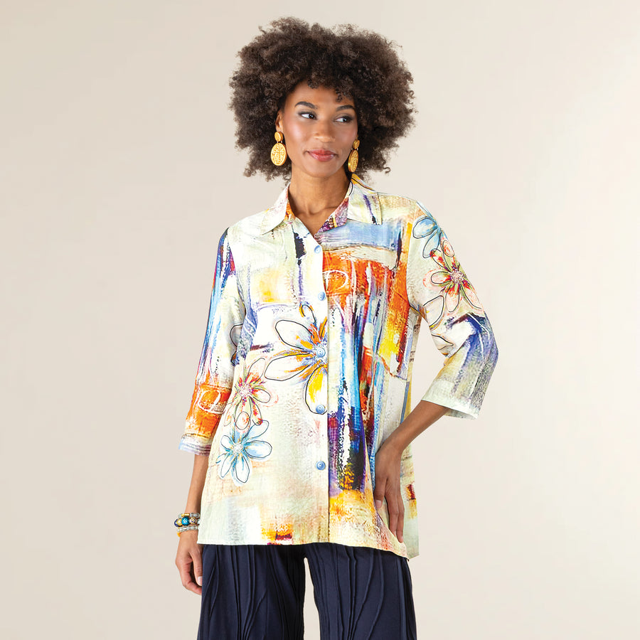 Abstract Florals Button Up Blouse