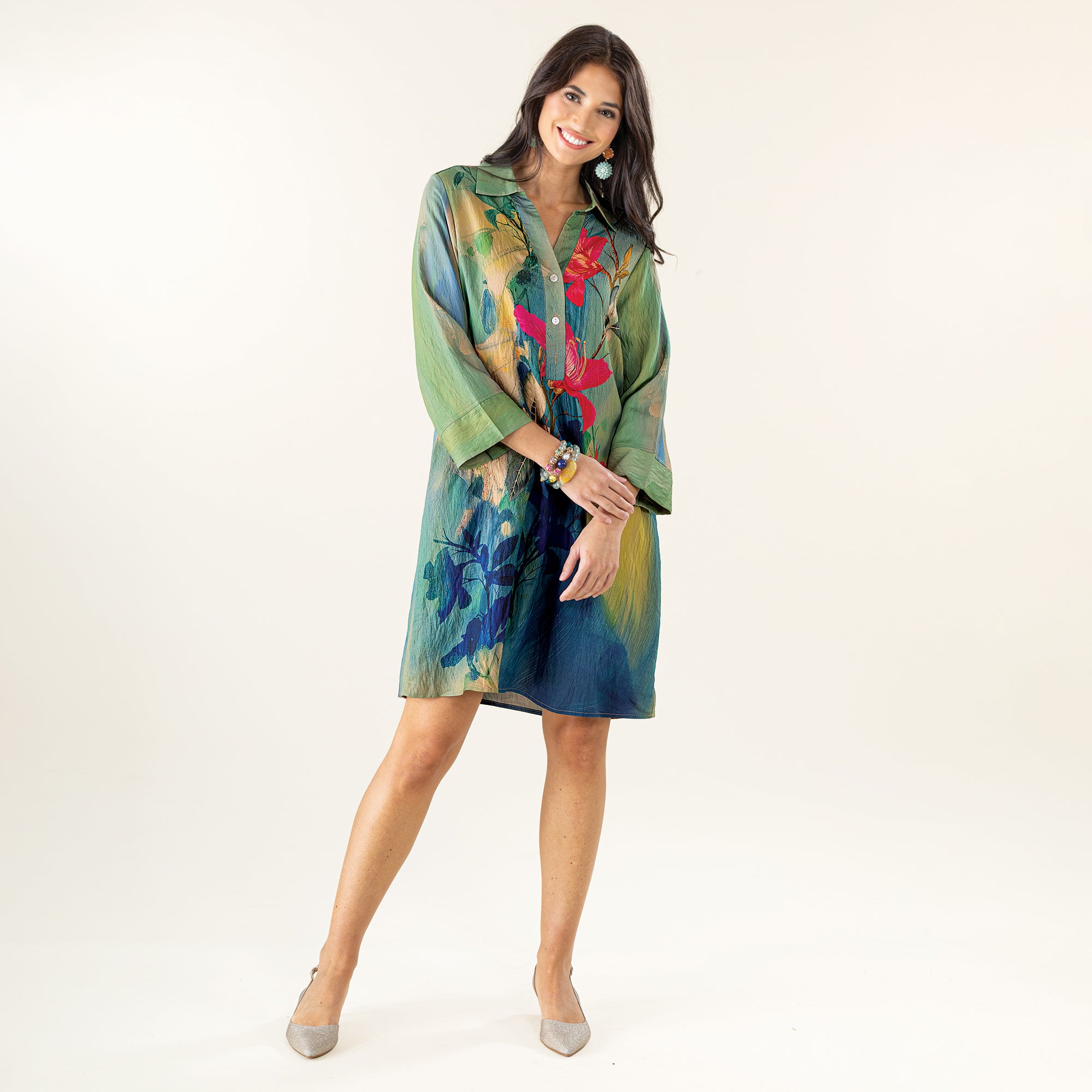 Abstract Florals Shirt Dress