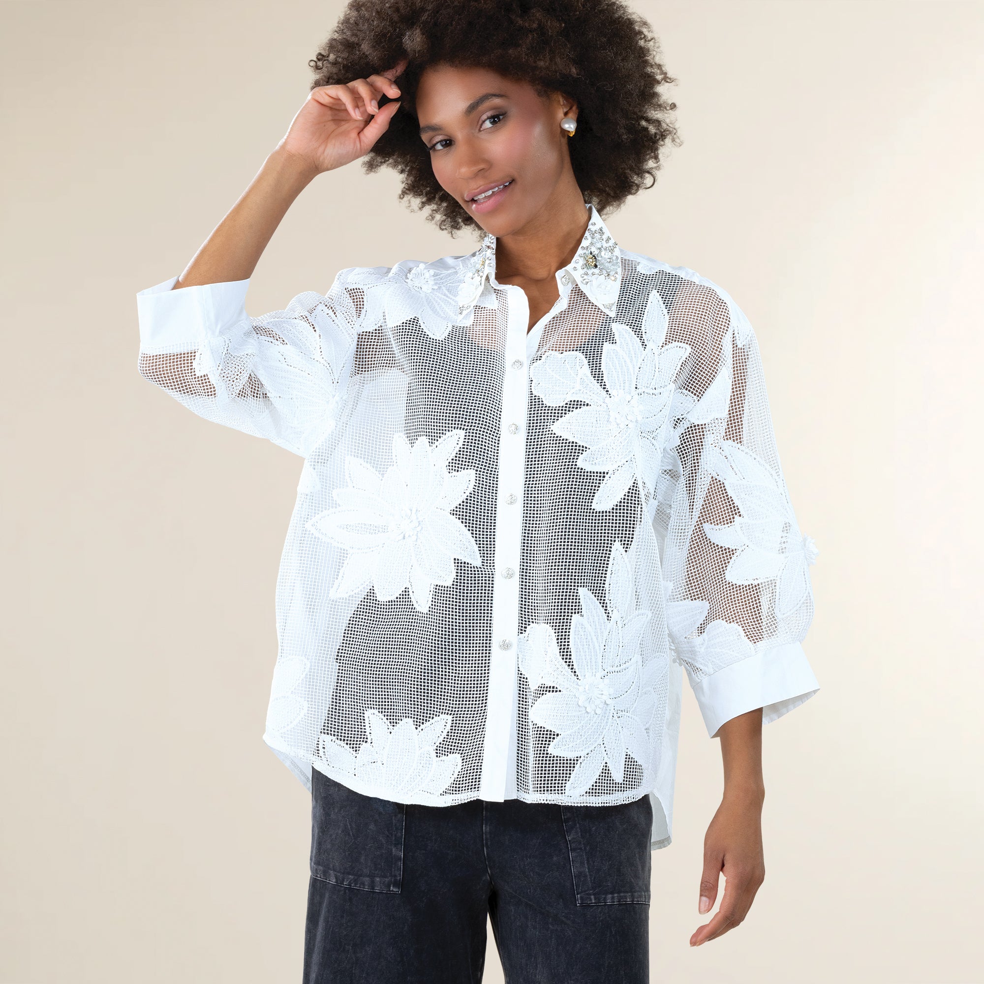 Embellished Florals Mesh Blouse