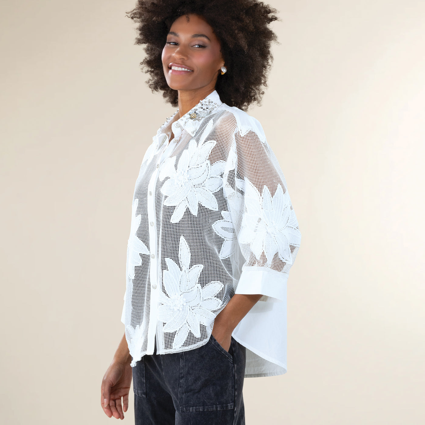 Embellished Florals Mesh Blouse