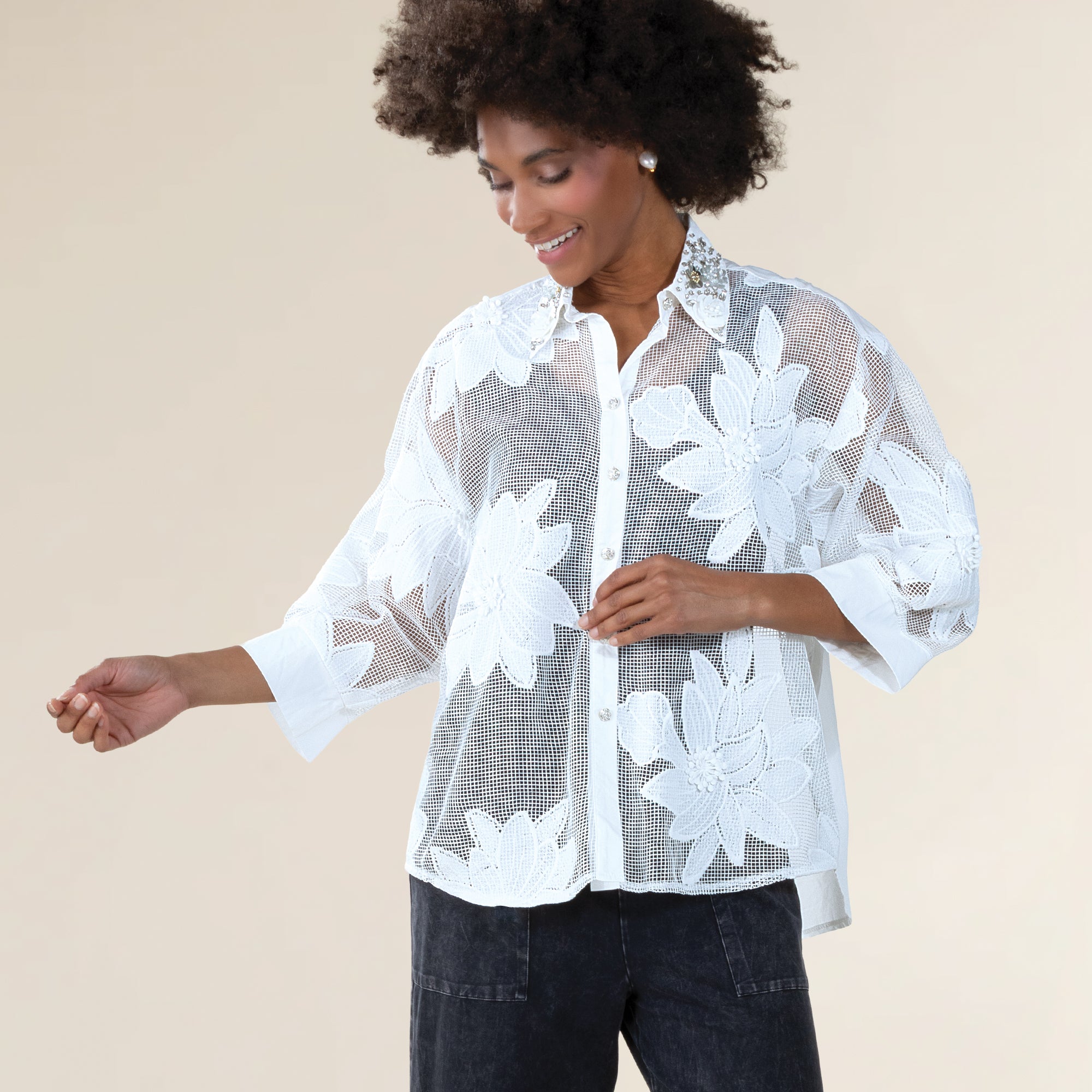 Embellished Florals Mesh Blouse