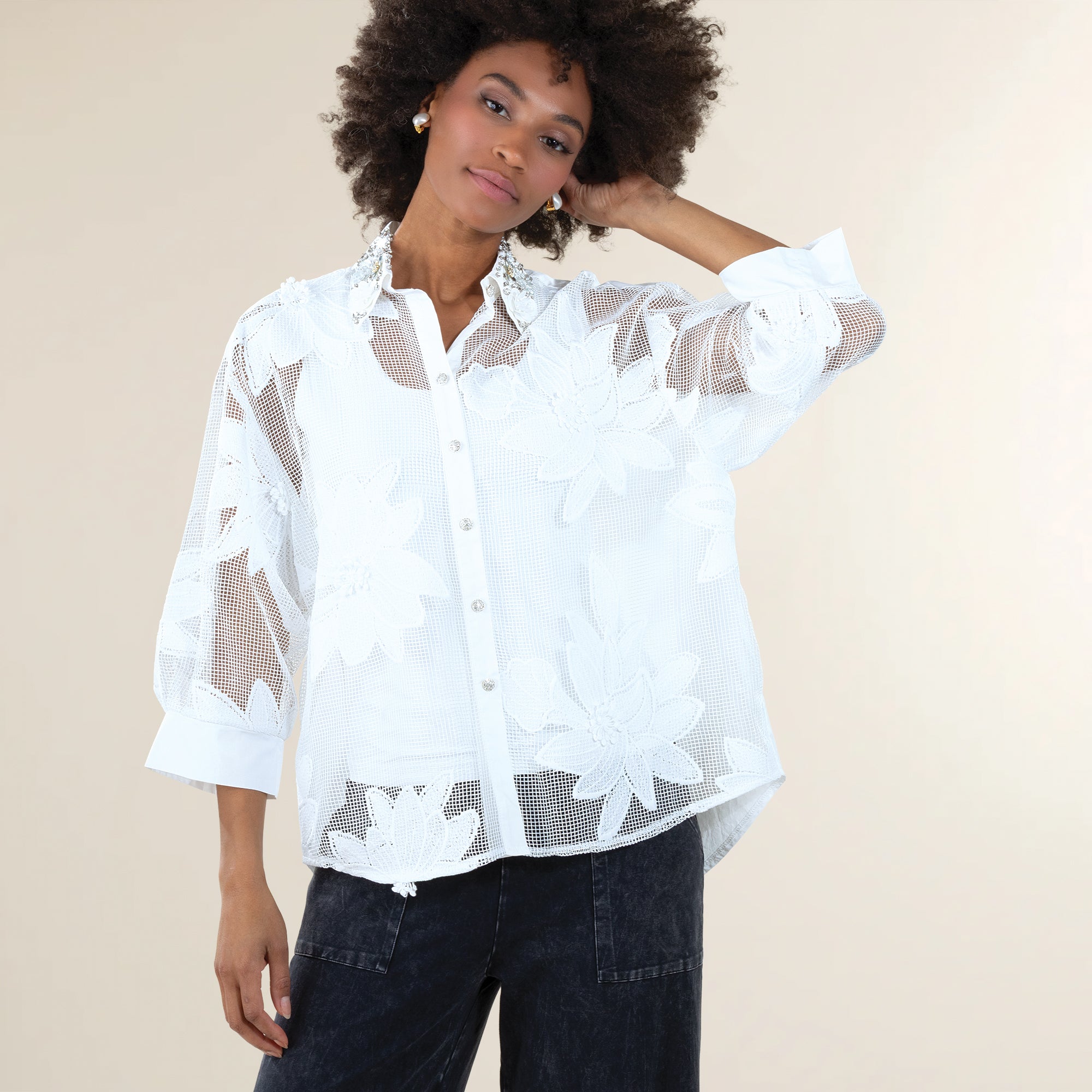 Embellished Florals Mesh Blouse