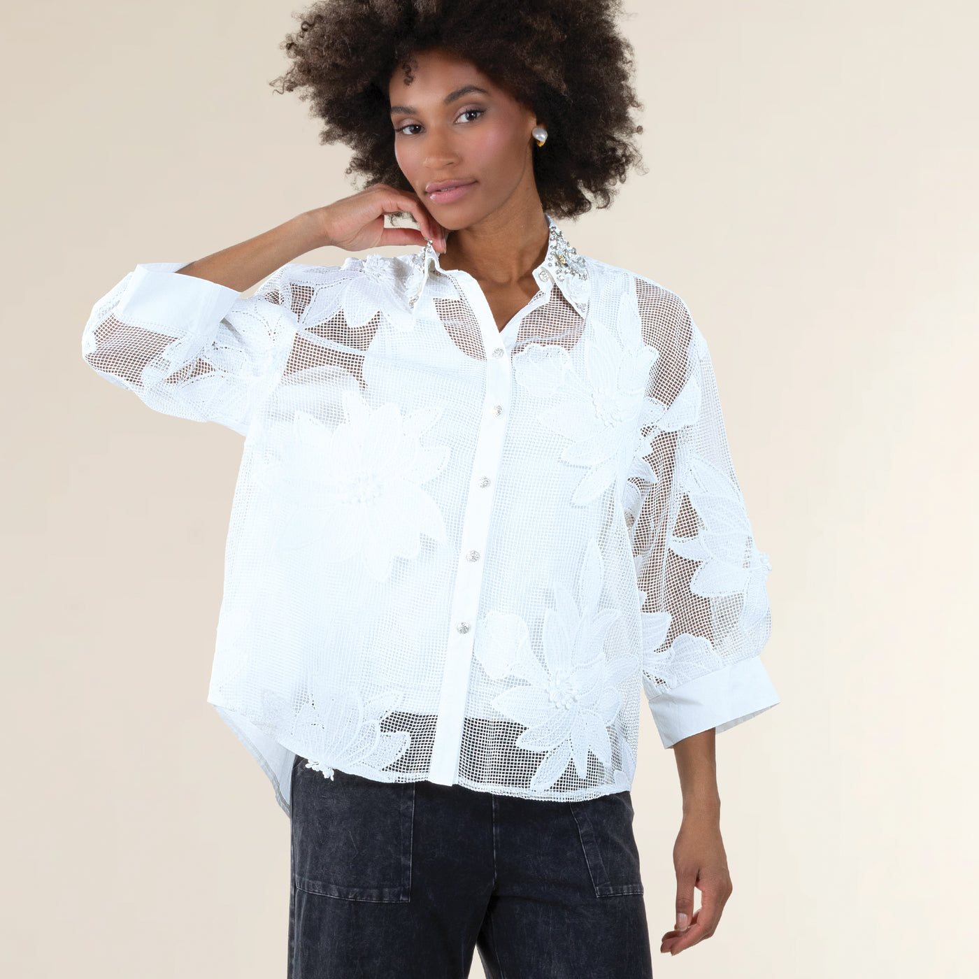 Embellished Florals Mesh Blouse