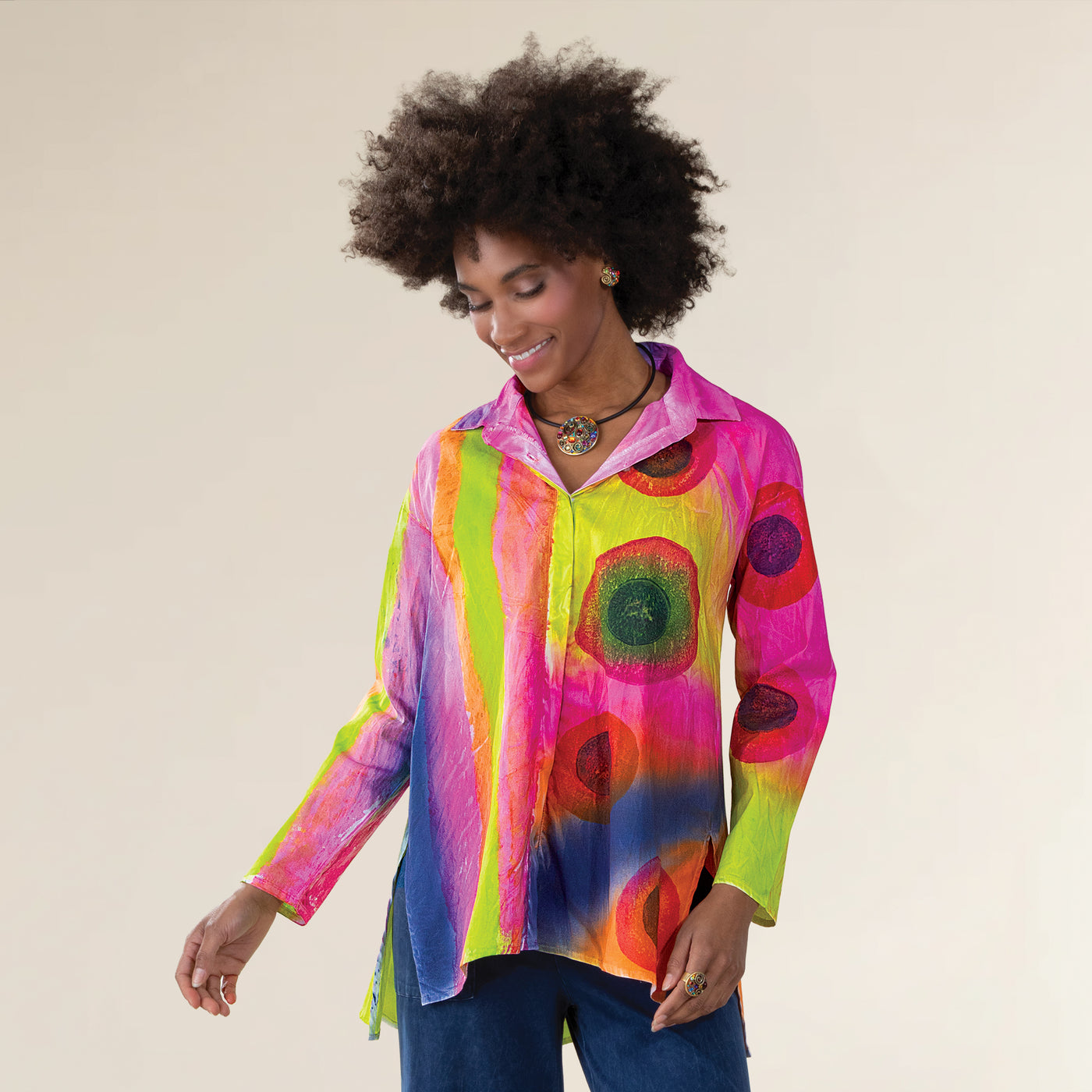 Hand-Painted Lava Lamp Button-Up Blouse