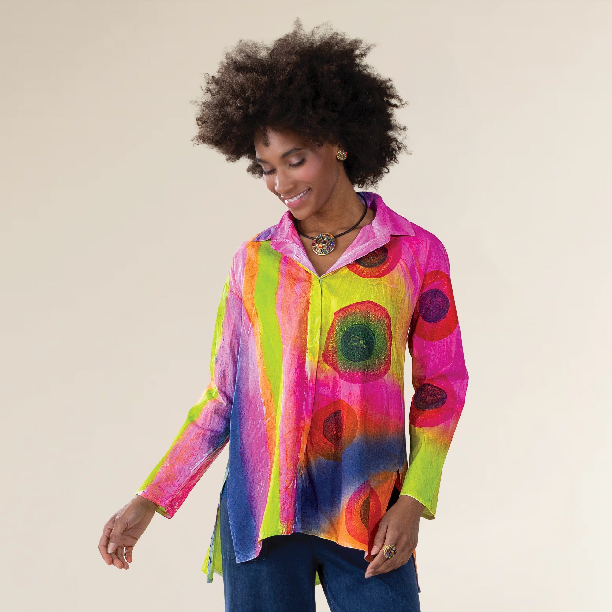 Hand-Painted Lava Lamp Button-Up Blouse