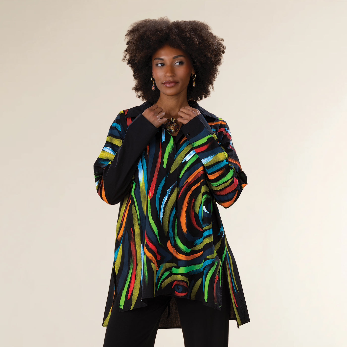 Hand-Painted Rainbow Stripes & Swirls Button-Up Blouse