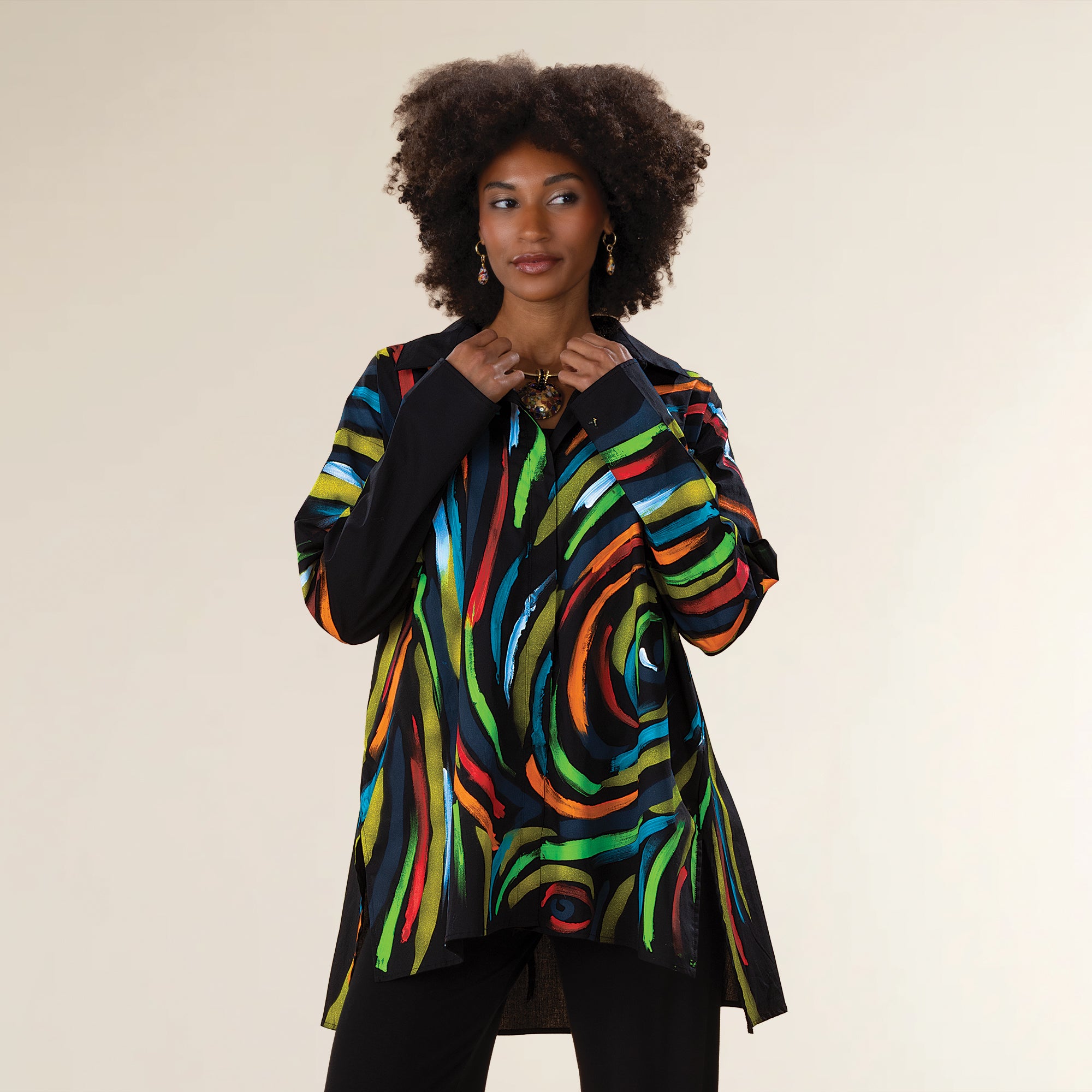 Hand-Painted Rainbow Stripes & Swirls Button-Up Blouse