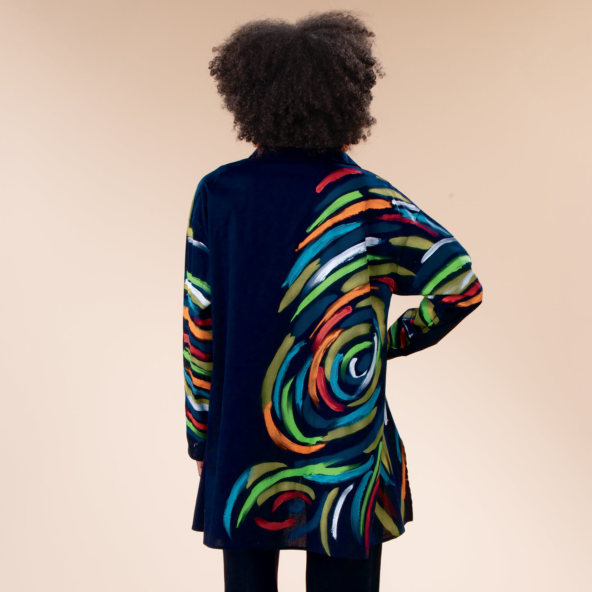 Hand-Painted Rainbow Stripes & Swirls Button-Up Blouse