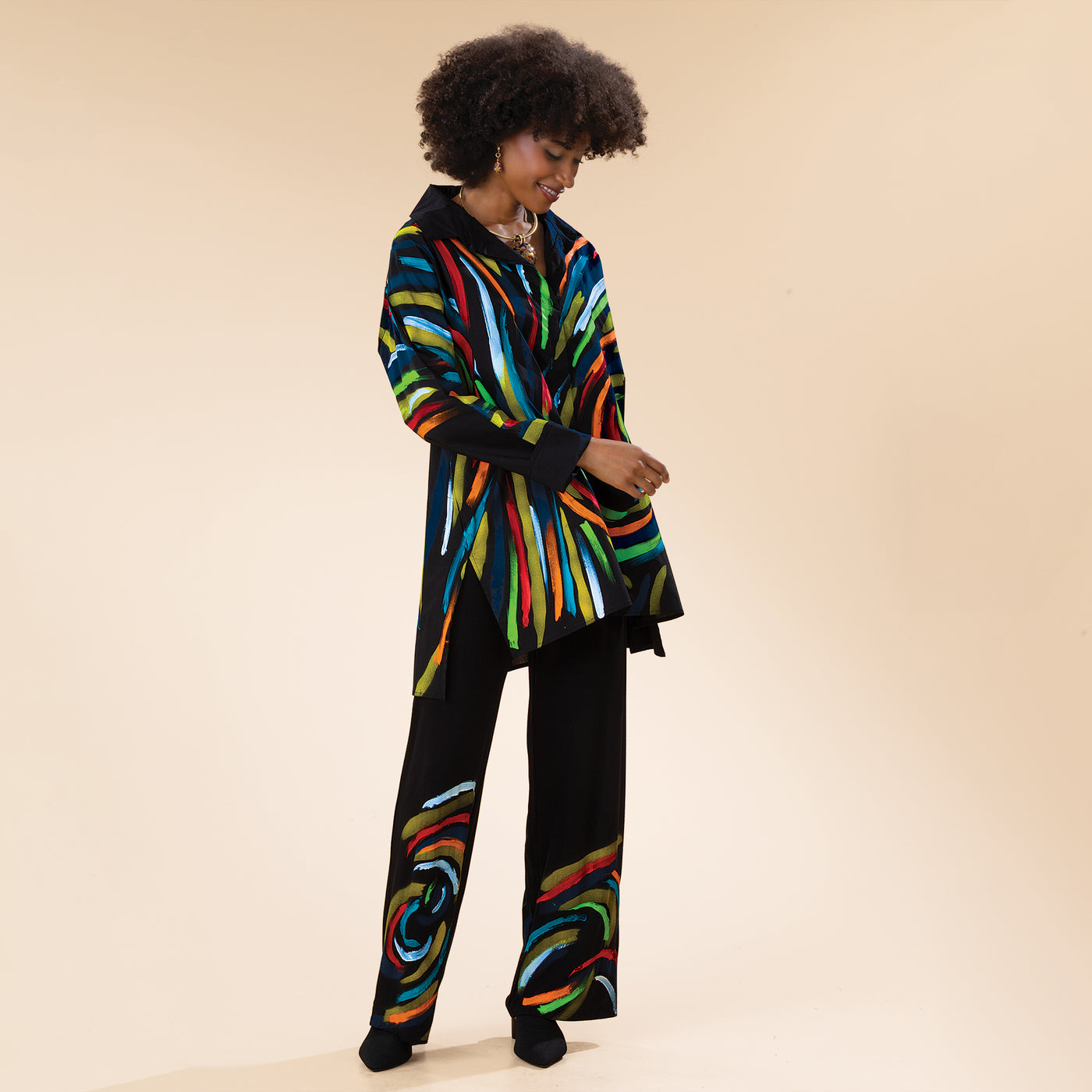 Hand-Painted Rainbow Stripes & Swirls Pants
