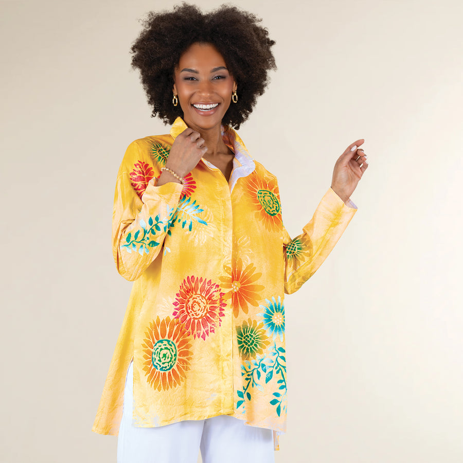 Hand-Painted Gorgeous Gerberas Button-Up Blouse