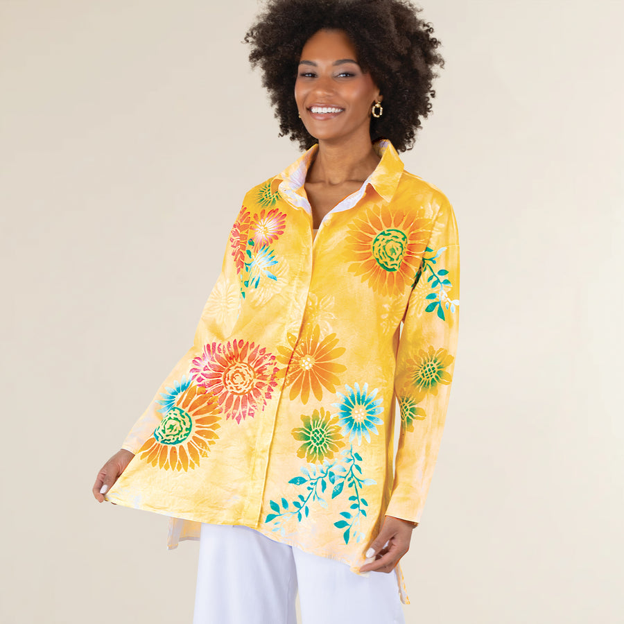 Hand-Painted Gorgeous Gerberas Button-Up Blouse
