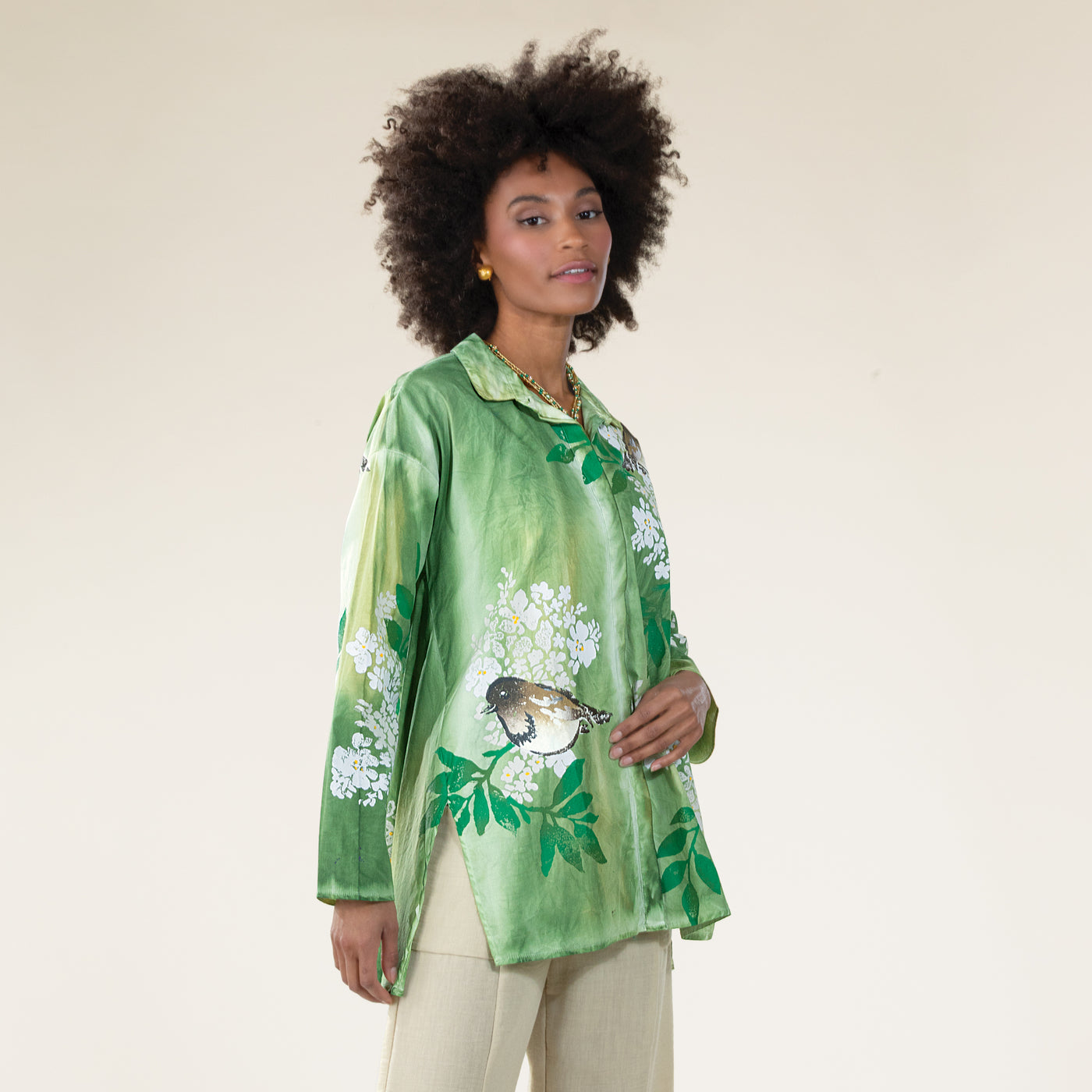 Hand-Painted Birds on Hydrangeas Button Up Blouse