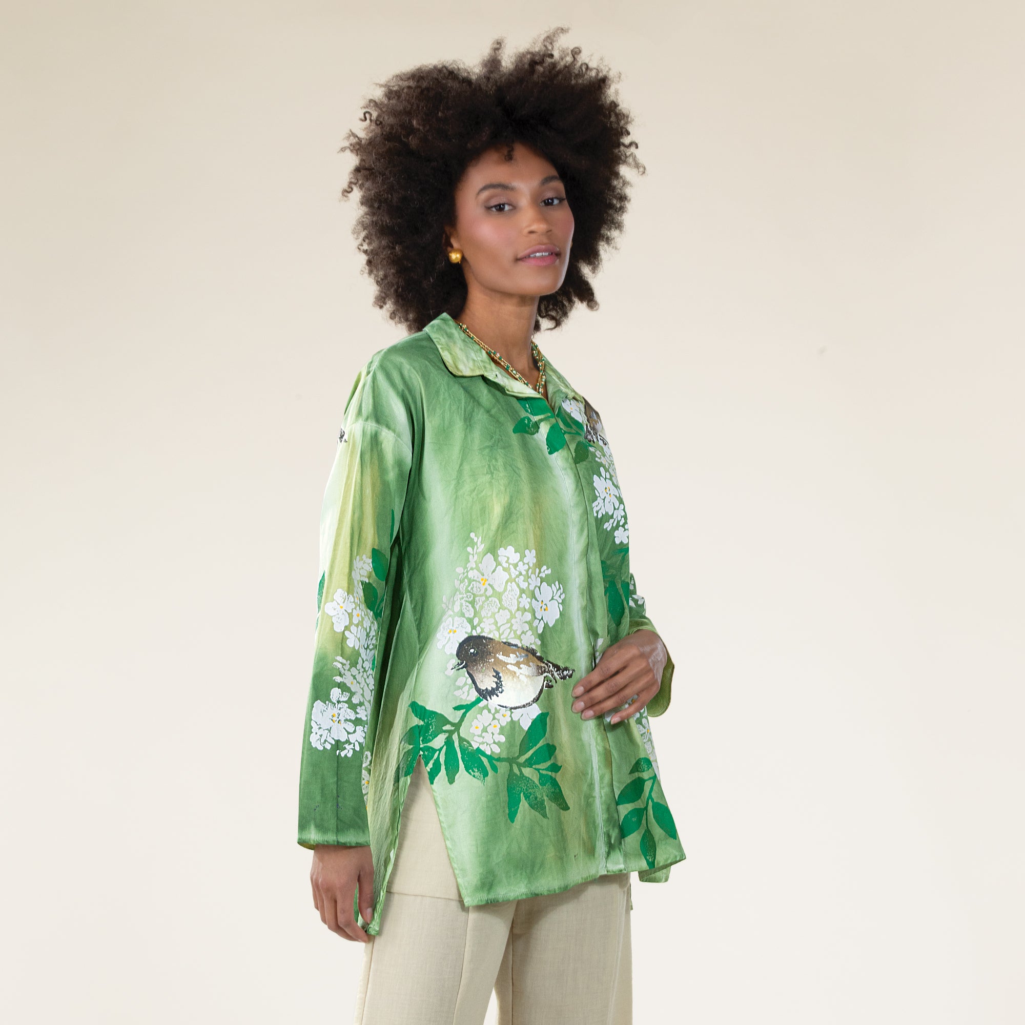 Hand-Painted Birds on Hydrangeas Button Up Blouse