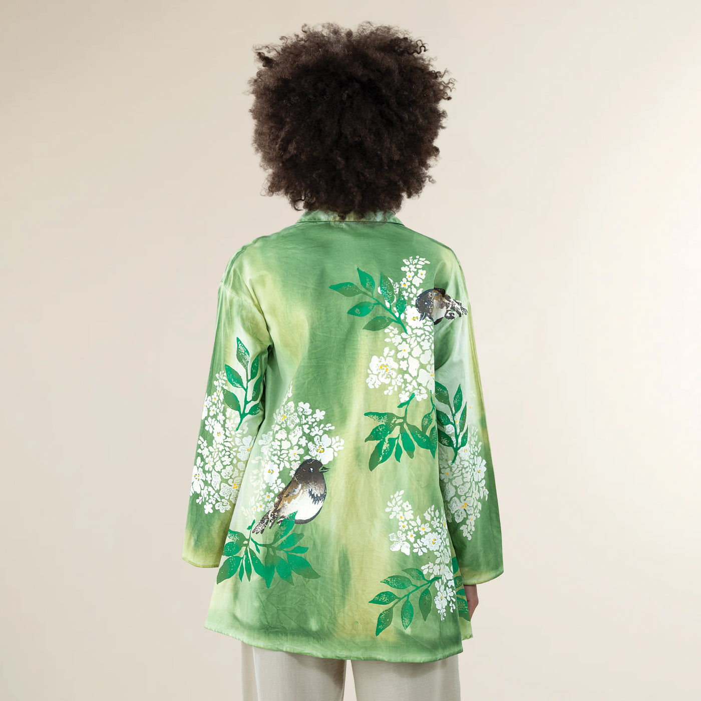 Hand-Painted Birds on Hydrangeas Button Up Blouse