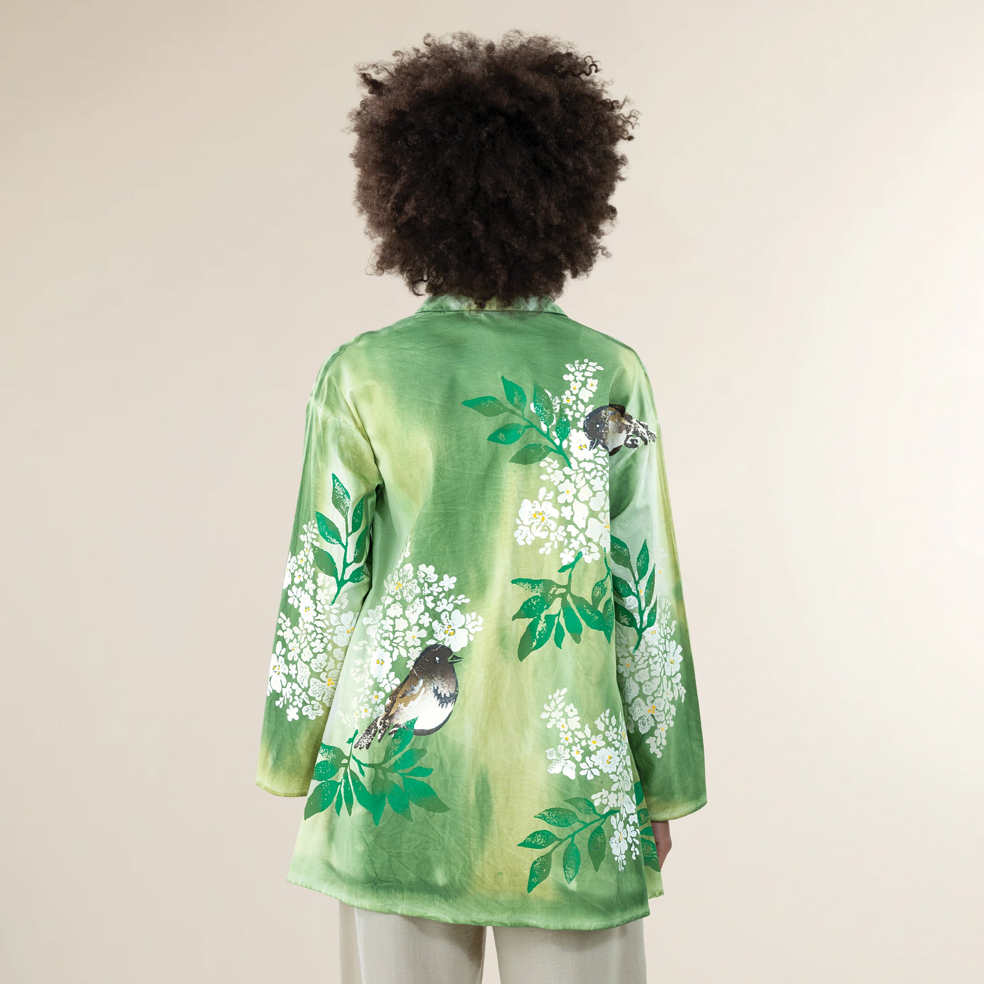 Hand-Painted Birds on Hydrangeas Button Up Blouse