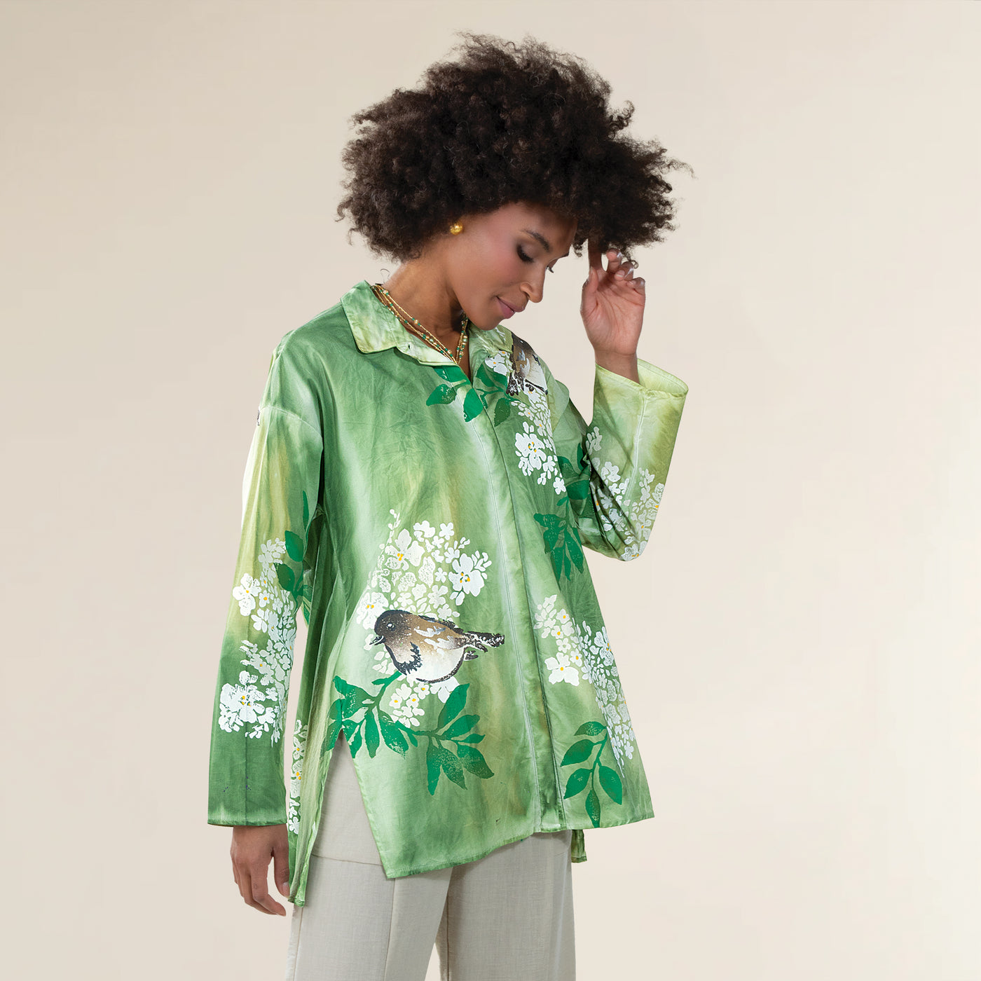 Hand-Painted Birds on Hydrangeas Button Up Blouse