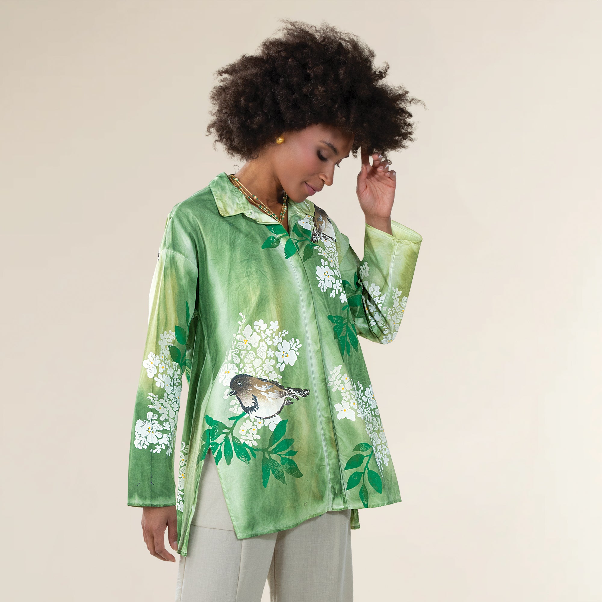 Hand-Painted Birds on Hydrangeas Button Up Blouse
