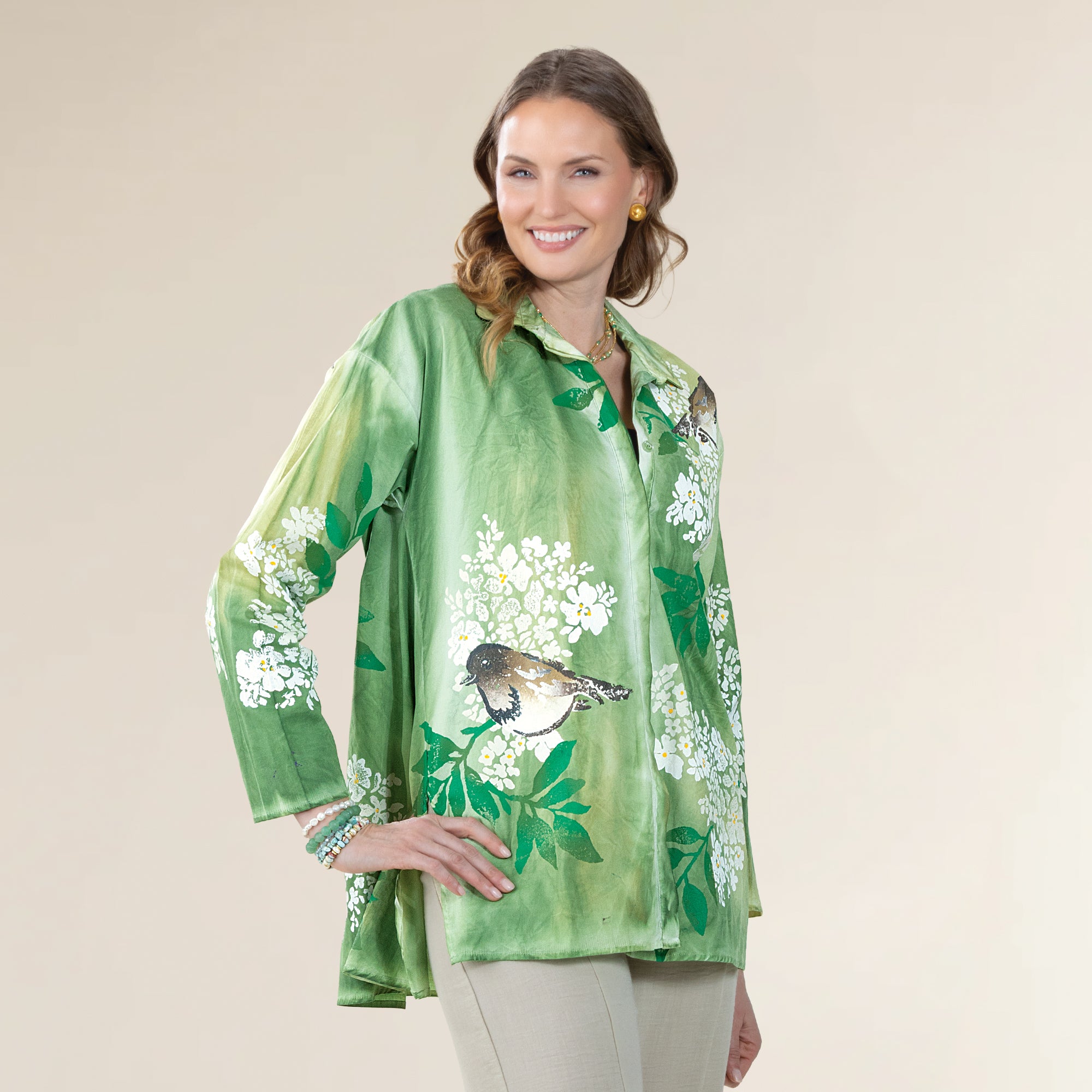 Hand-Painted Birds on Hydrangeas Button Up Blouse