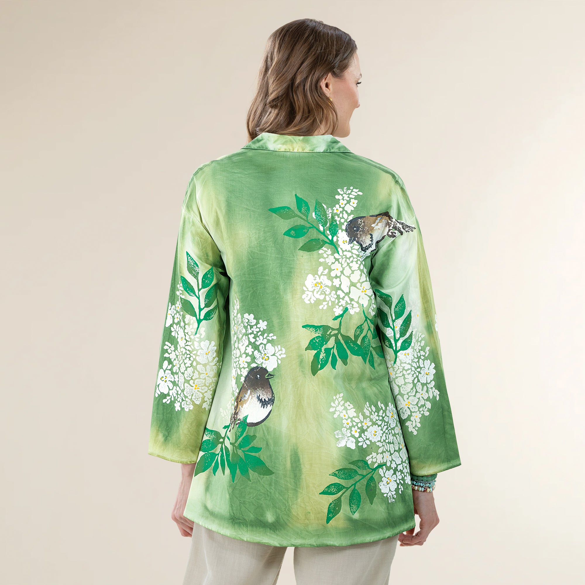 Hand-Painted Birds on Hydrangeas Button Up Blouse